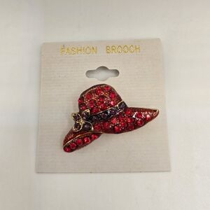 Vintage Red Hat Society Rhinestone Paved Brooch Pin Pendant Gold Tone